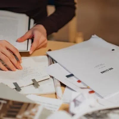 Student using online study help while writing notes